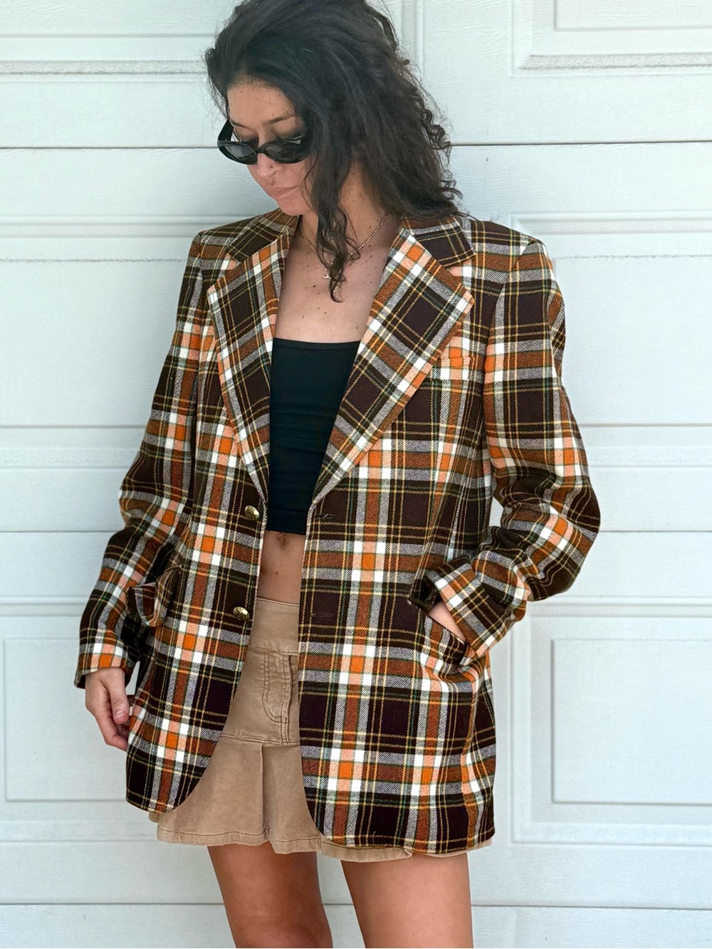 Vintage 70s Plaid Tartan Blazer Jacket Orange & Brown Coat of Arms Brass Buttons